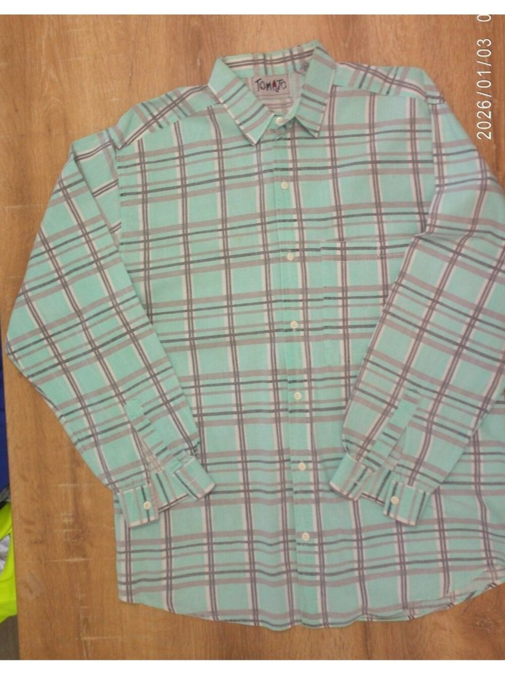 Tomato Mens Plaid Long-Sleeve Button-Down Cotton Shirt Size L Green & Gray